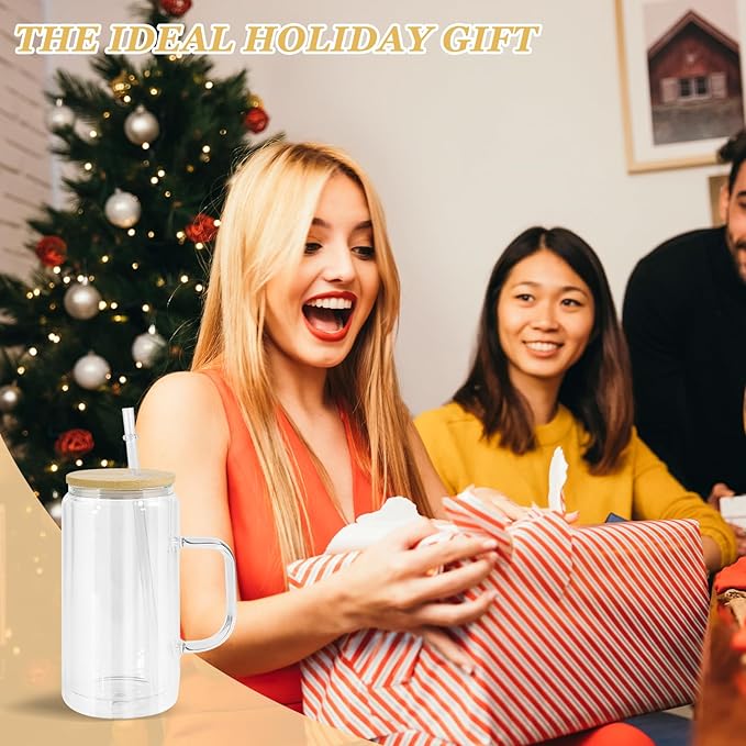 16oz Snowglobe Cups with Handle, 4Pack Pre-Drilled Sublimation Glass Cup with Lid and Straw, Double Wall Glass Coffee Mug, Snowglobe Cup Gifts for Snow Globe DIY Glitter, Bamboo Lid