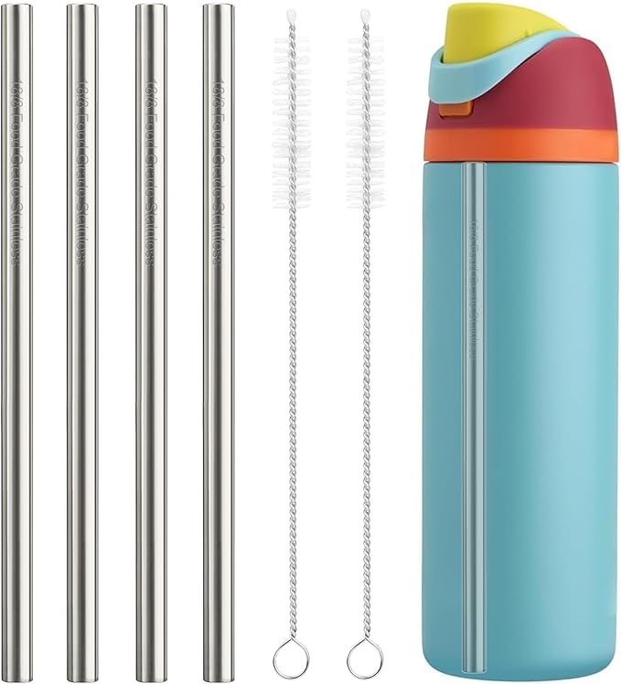 Metal Straw Replacement Set Compatible with Owala 24oz/32oz Freesip Water Bottle, Durable Stainless Steel Replacement Straws with 2 Cleaning Brushes-4Pcs