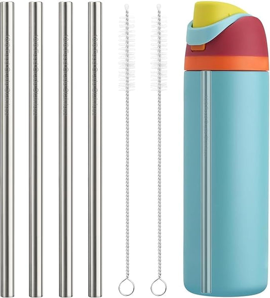 Metal Straw Replacement Set Compatible with Owala 24oz/32oz Freesip Water Bottle, Durable Stainless Steel Replacement Straws with 2 Cleaning Brushes-4Pcs