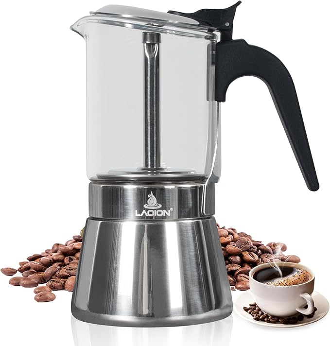 LAOION 9-Cup Moka Pot - Crystal Glass Top, Stainless Steel, Induction Compatible, 360ml
