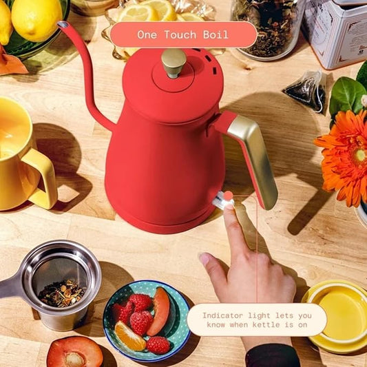 Electric Gooseneck Kettle 1 Liter 1200W, Stainless Steel, Pour Over Coffee Tea, Auto Shut-Off, 360° Cordless Power Base (Tomato Red)