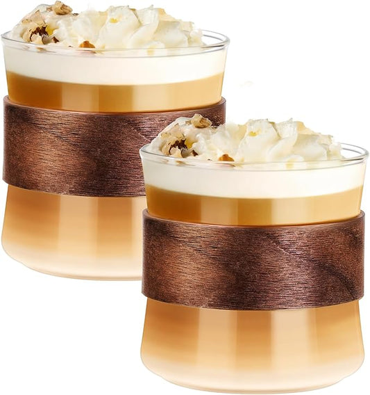 PARACITY Espresso Cups Set of 2 with Wooden Ring, 12 OZ High Borosilicate Espresso Shot Glass, Clear Small Expresso Shots Cup, Espresso Accessories