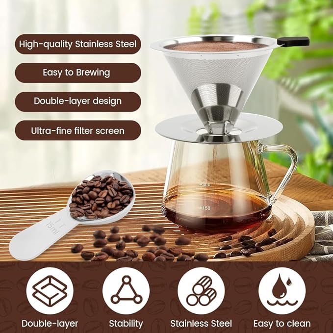 Pour Over Coffee Dripper,Upgraded Double Micro Mesh Filter With Cleaning Brush & 15g Measuring Scoop,Stainless Steel Reusable Coffee Filters Metal Cone-Filter Paperles(1-2cups)