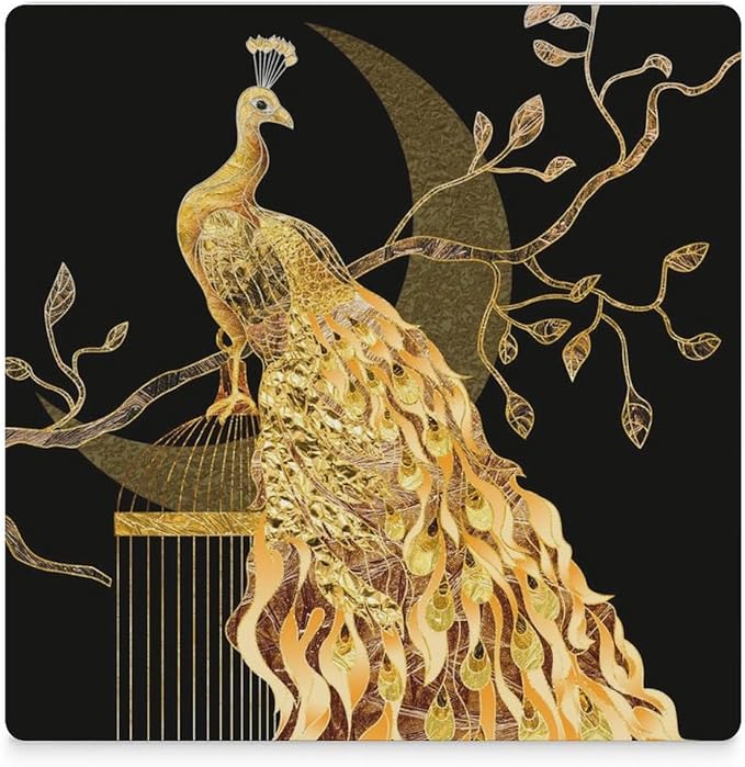 Square-4PCS Peacock Drink Coasters, Square Modern Ceramic Absorbent Coasters, Vintage Tree Branch Beautiful Gold Peacock Decor Desk Coffee Table Coaster for Beverage Cup Tea Coasters