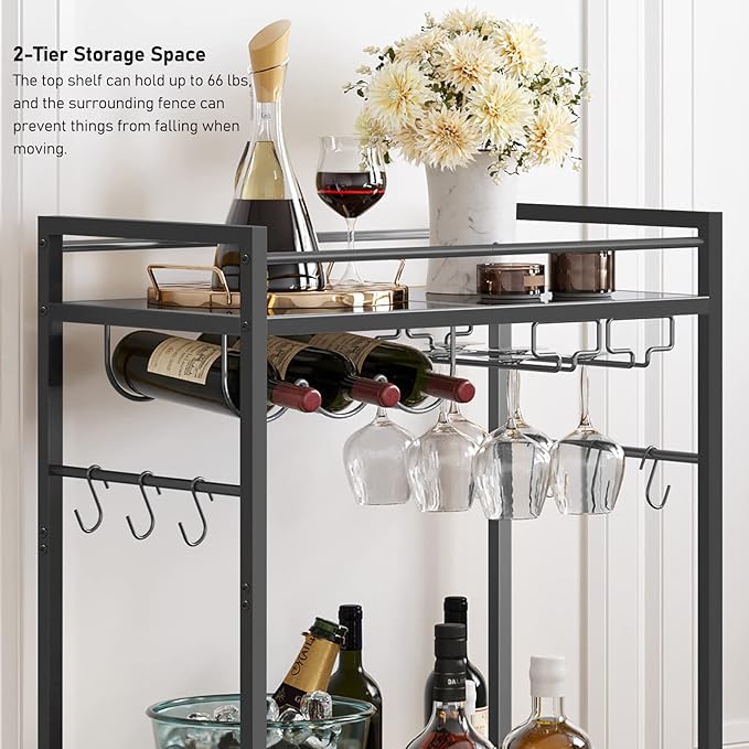 TUTOTAK Bar Cart, Serving Cart - for Home, Microwave Cart, Drink Cart, Mobile Kitchen Shelf with Wine Rack and Glass Holder, Rolling Beverage Cart, Black BC01BK031