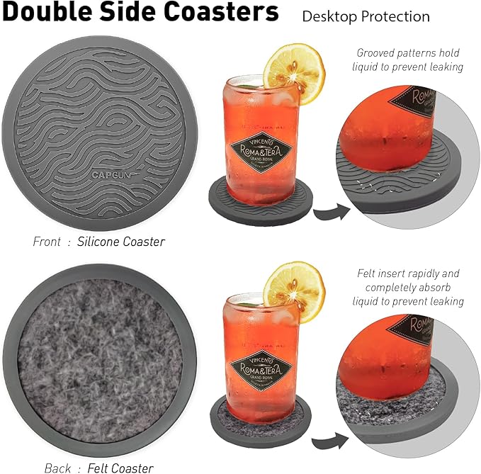 Set of 6 Non-Slip Silicone Coasters with Holder, Double-Sided Absorbent for Hot/Cold Drinks, Scratch & Water Ring Protection for Wood Tables, Home Office Bar, Black Gold Marble (Grey)