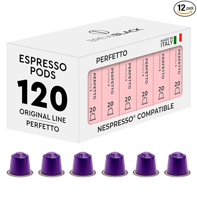 BrewBlack Perfetto Coffee Capsules - 120 Aluminum Coffee Pods Compatible with Nespresso Original line, Medium Roast - Intensity 9/12, Made in Italy