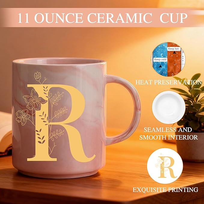 Monogrammed Christmas Gifts for Women, 11 oz Initial Ceramic Coffee Tea Mug with Necklace, Unique Birthday Gift for Her Wife Teacher Friend Mom, R