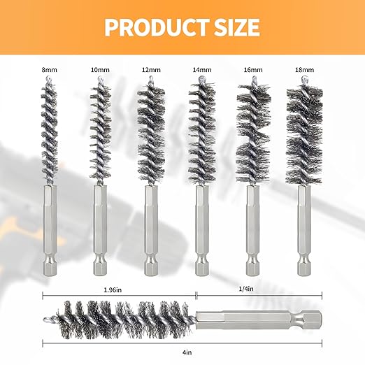 Bore Brush for Drill – 6pcs Stainless Steel Wire Tube Brush in Different Sizes, Twisted Wire Cleaning Brush with 1/4" Hex Shank, bore Brush Copper Pipe Cleaner for Power Drill & Tube Cleaning