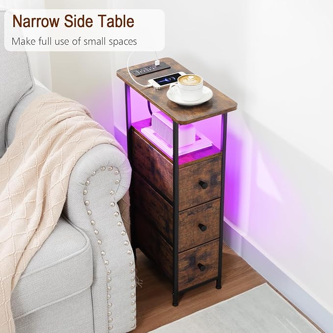 Narrow End Table Living Room with Charging Station, Skinny Side Table with Fabric Drawers, Slim LED Nightstand for Bedroom, Small Spaces, Couch, Rustic Brown, HETNDP03LPBR-1