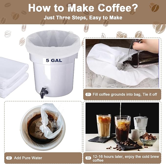 YURICK 50 Pack Commercial Cold Brew Coffee Filters for 5 Gallon Buckets, 20" X 20" Commercial Cold Brew Bags for Commercial Model Cold Brew Coffee Makers, Brew Up To 5 LBS Coffee