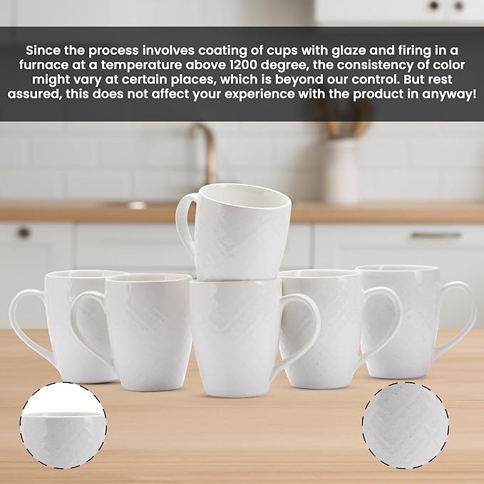 White Ceramic Coffee Mug Set of 6 – 12 oz Large Coffee Cups with Handles, Durable Porcelain Mugs for Coffee, Tea, Hot Chocolate & Milk – Microwave & Dishwasher Safe