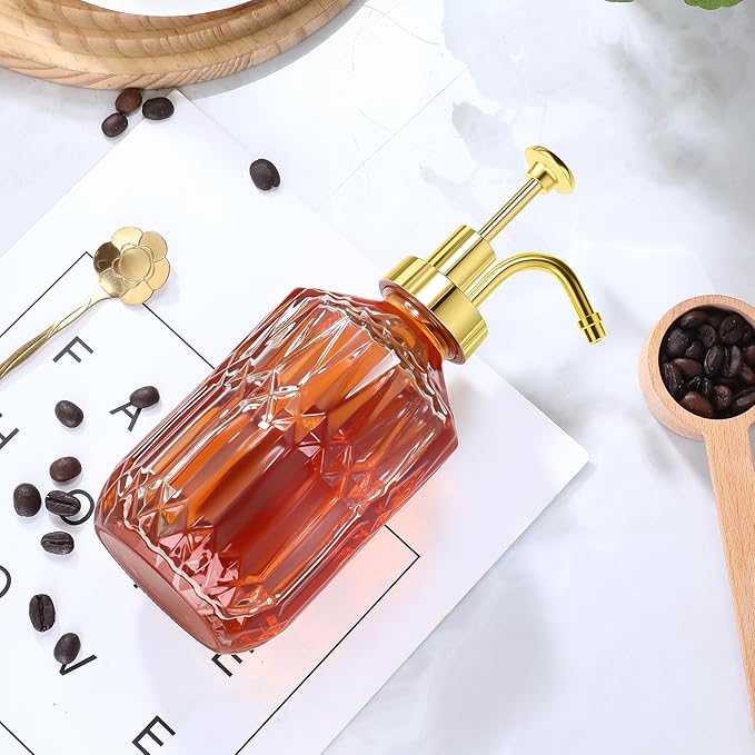 Glass Coffee Syrup Dispenser 13.5oz, Syrup Bottles with Luxurious Diamond Texture, Gold Syrup Pump, Coffee Bar Accessories, Kitchen Decoration