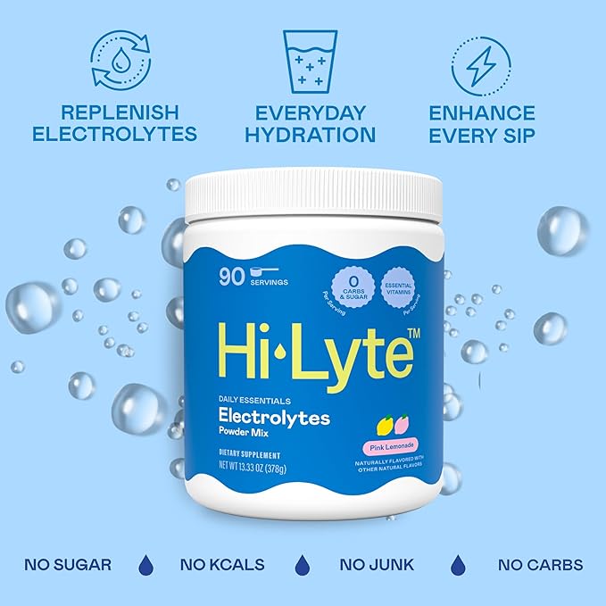 Hi-Lyte Electrolyte Powder, Daily Hydration Supplement Drink Mix, 90 Servings | Sugar-Free, 0 Calories, 0 Carbs | No Maltodextrin. Gluten-Free | Supports Keto | Light Refreshing Flavor (Pink Lemonade)