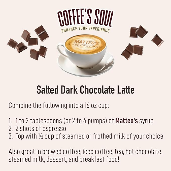 Matteo's Salted Dark Chocolate Syrup for Coffee, Lattes, Cappuccinos & Desserts – Sugar-Free Sweetener for Beverages, Keto Friendly, Zero Calories, Indulgent Flavor, Non-Alcoholic, 33.8oz (1pk)