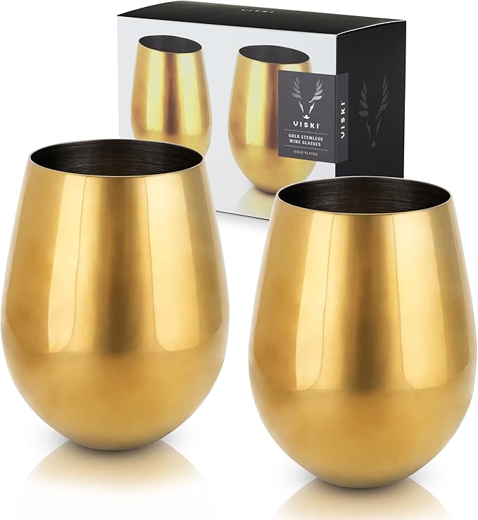 Viski Stainless Steel Wine Glasses, Modern Wine Tumblers, Elegant Drinking Glasses for Red and White Wines, Wedding Gifts, Holiday, Birthday Party, Home Bar, Drinkware Set of 2, 18 oz, Gold