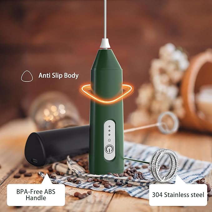Puraville Rechargeable Milk Frother Handheld, 3 Speeds Electric Whisk Drink Mixer, Type-C Charging BPA Free for Coffee, Latte, Cappuccino, Egg,Cream, Dark Green