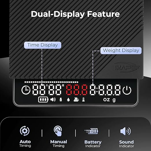 IKAPE Espresso Coffee Scale with Timer, 2kg/0.1g High Precision Digital Scale with Silicone Mat, 4 Modes in One, LED Display, Auto-Tare, for Kitchen, Cooking, Espresso, Pour Over Coffee