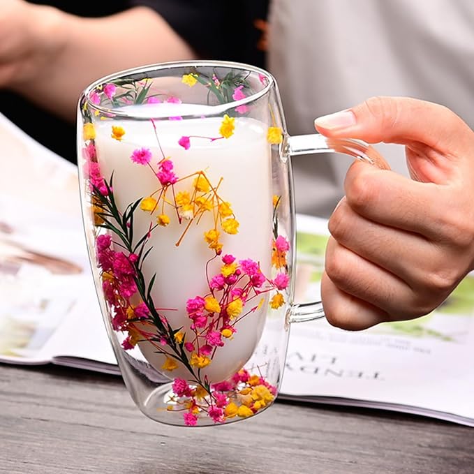 15.22oz, Double Wall Borosilicate Glass Coffee Mug with Heat-Resistant Handle, Insulated Flower Tea Cup, Multi-Color Options (mix,15.22oz)