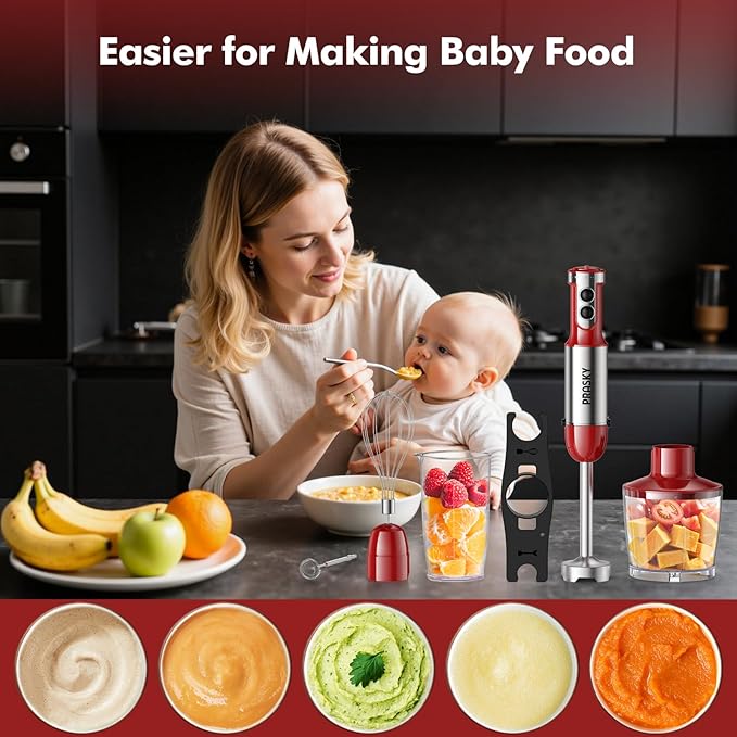 Immersion Blender Handheld Hand Blenders, 20 Speed & Turbo Mode Hand Held Blender, Heaviest Duty Copper Motor, Stainless Steel Blades, Milk Frother Wand, Whisk, 600ml Beaker, 500ml Chopper (Red)