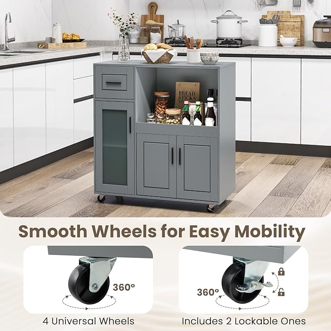 Giantex Rolling Kitchen Island with Storage, Mobile Kitchen Cart with Wheels, Tempered Glass Door, Drawer, 3-Level Adjustable Shelf, Microwave Cart, Coffee Cart Station for Dining Room, Grey