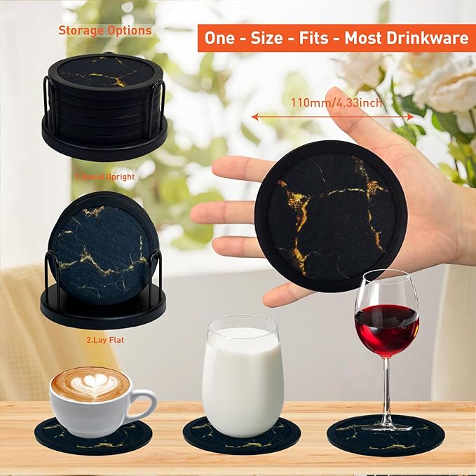 Set of 6 Non-Slip Silicone Coasters with Holder, Double-Sided Absorbent for Hot/Cold Drinks, Scratch & Water Ring Protection for Wood Tables, Home Office Bar, Black Gold Marble (Black Gold Pattern)