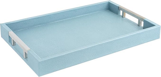 Modern 17.5"x12" Rectangle Baby Light Blue Glossy Shagreen Faux Leather Decorative Tray Ottoman Coffee Table Perfume Living Room Kitchen Serving Tray with Silver Metal Handles by Home Redefined