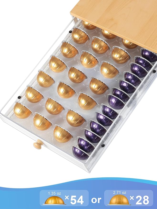 Coffee Pod Holder Drawer Organizer Capsules Storage Organizer with Sliding Drawer Compatible For Nespresso Pods, Holds up to 54 Small or 28 Big nespresso pod Oak Color