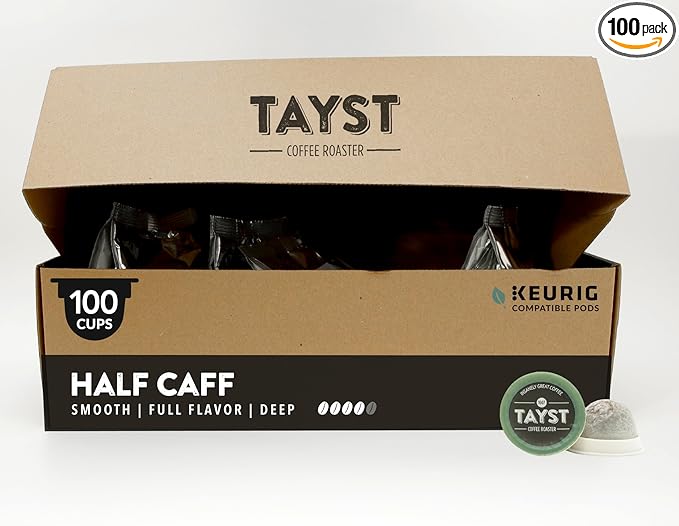 Tayst Coffee Pods, Half Caff Dark Roast, K Cups Compatible with Keurig Coffee Maker, Reduced Caffeine, Sustainable Single Serve, Pack of 100