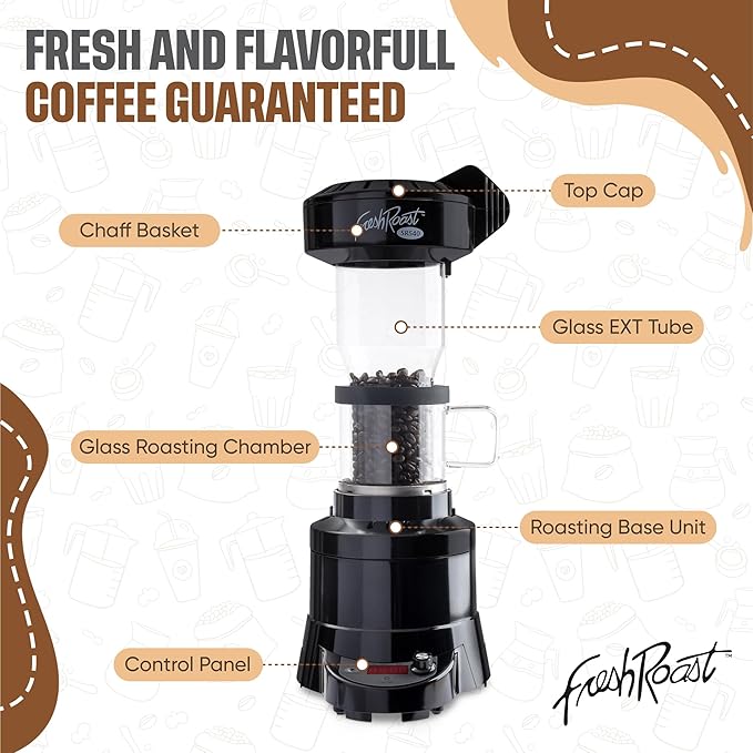 Fresh Roast Coffee Roaster Bundle SR540, Glass Extension Tube, Pour Over Digital Scale, (4lbs) Sample Pack of Green Beans, (2-Pack) Sample Trays, Chaff Brush