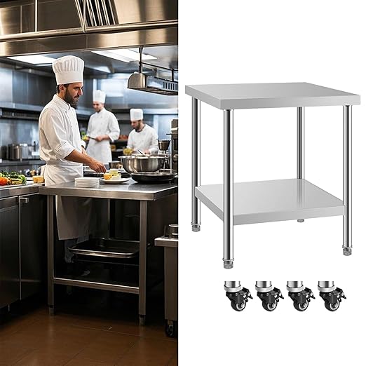 NSF Stainless Steel Table for Prep & Work with Caster 30x24 Inches, Metal Commercial Kitchen Table with Under Shelf and AdjustableTable Foot for Restaurant, Home and Hotel