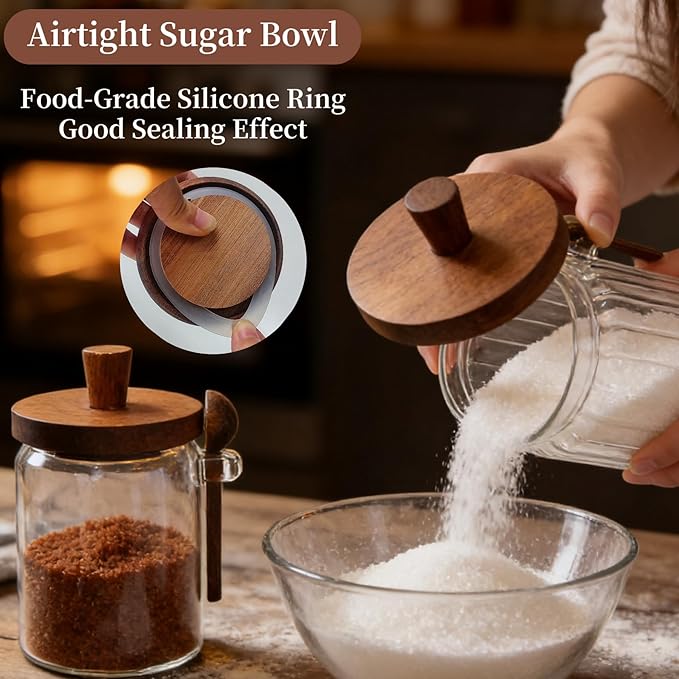Sugar Bowl with Lid and Spoon,20 oz Sugar Container for Coffee Bar, Glass Coffee Canister, Airtight Food Storage Jar, Brown Sugar Container, Cereal Tea Salts Spice Jar (Flat)