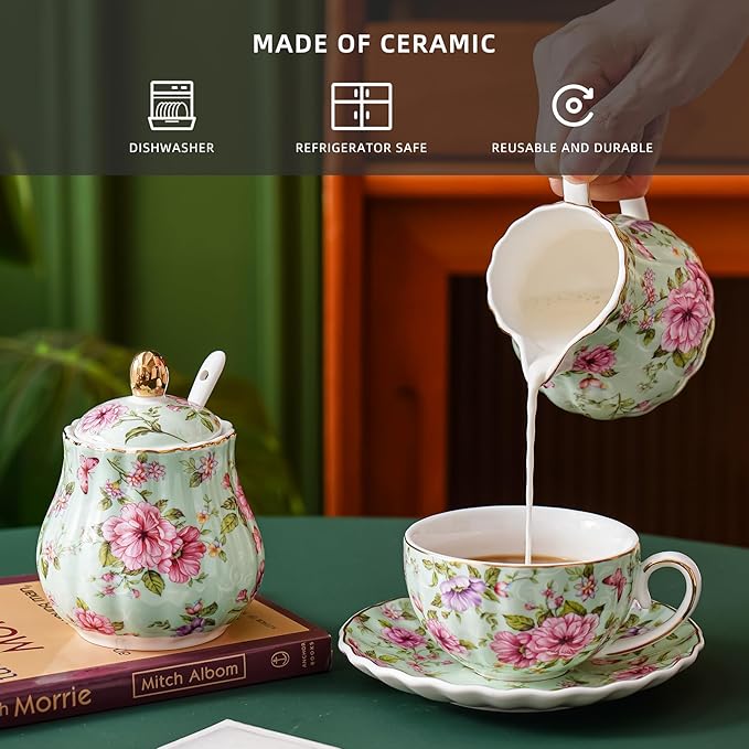 Ceramic Sugar and Creamer Set, 3 Piece Set with Cream Pitcher, Sugar Bowl, Sugar Set with Lid and Spoon (Green)