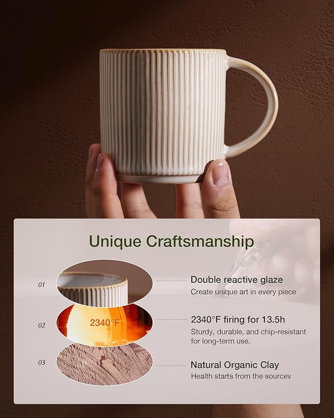 famiware Coffee Mug Set for 8, Star 12 oz Catering Mugs Cup Set with Handle for Coffee, Tea, Cocoa, Milk - Ceramic Stoneware Drinkware Set, Cappuccino White