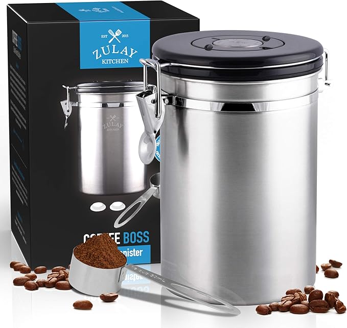 Zulay (Large) Airtight Coffee Canister - Stainless Steel Coffee Storage Canister with Scoop - Features Include a Date Tracker, Built-In One-Way CO2 Valve & 2 Spare Filter Replacements