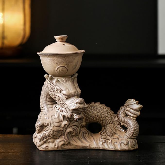 Ceramic Teapot with Infuser Semi Automatic Tea Set Magic Teapot with 8 cups Gradient Color (Retro Dragon- C)