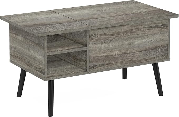 Furinno Jensen Living Room Wooden Leg Lift Top Coffee Table With Hidden Compartment and Side Open Storage Shelf, French Oak Grey