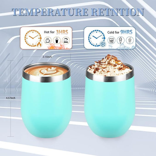 12oz/4 Pack Wine Tumbler with lid, Stainless Steel Travel Mugs Stemless Double Wall Insulated Coffee Cup, Insulated Wine Glasses Travel Tumbler for Cold & Hot Drinks(Light Green,4)