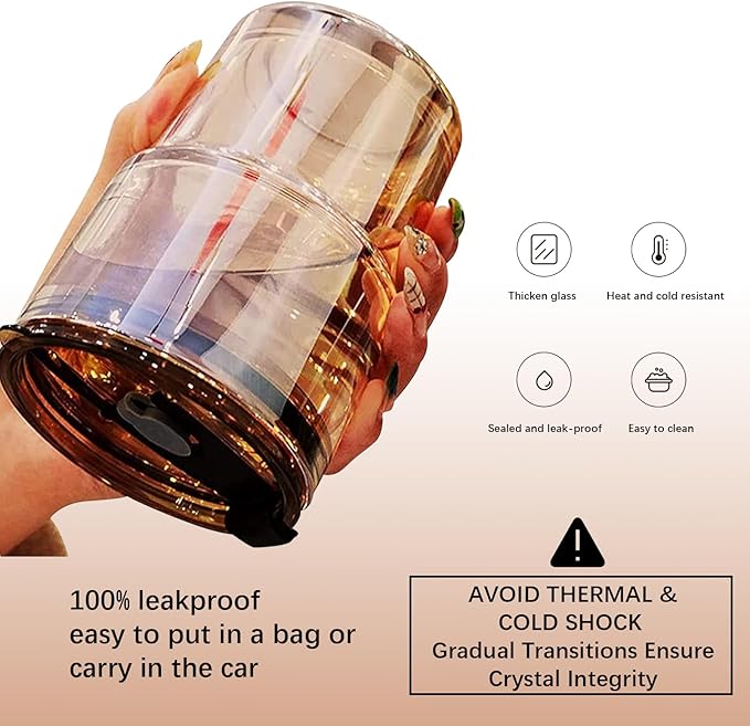 13 oz Tumbler Water Glass, Water Bottle with Straw and Dustproof Lid, Coffee Ice Cup Double Wall Insulated Glass Cup (Amber with Sleeve and Strap)