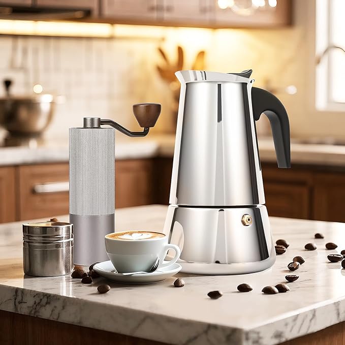 Suiitat Moka Pot, 6 Cups (10.6 oz) Stovetop Espresso Maker, 304 Stainless Steel Moka Pot, Induction Compatible, Silver