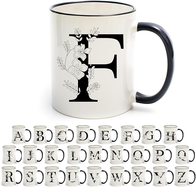 Monogram Ceramic Coffee Mugs, 11 oz Initial Drinking Cup with Gift Box, Unique Birthday Christmas Gifts for Women Wife Mothers Day Grandma Mom Aunt, F