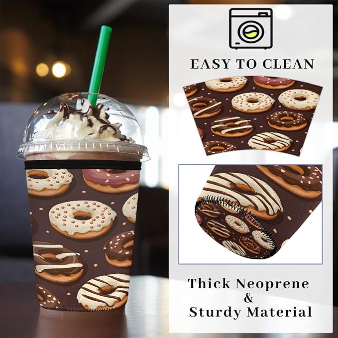 Food Donuts Pattern Iced Coffee Sleeve for Cold Drink Cups, Reusable Neoprene Insulated Drink Sleeves Cup Cover for Beverages, Fits 32 oz