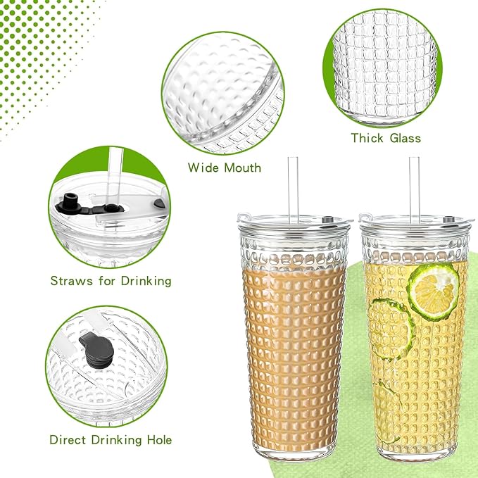 20oz Glass Cups with Lids and Straws,4 Pack Reusable Glass Tumbler for Cold & Hot Drinks Wide Mouth Travel Mug for Smoothies Cocktails Beer Tea Juice and Iced matcha Coffee Cups with Lids