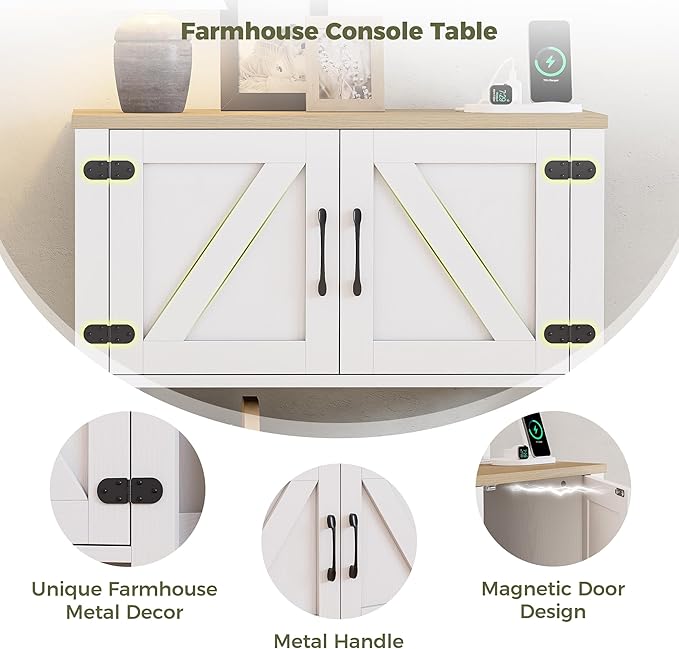 IRONCK Farmhouse Console Table with Storage Cabinet, Entryway Table with Shelf, Coffee Bar with Power Outlets for Hallway Kitchen Living Room, White