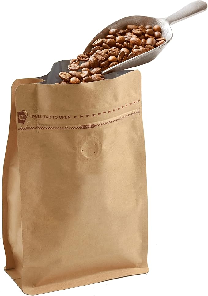 100 Count 0.25 lb Kraft Paper Coffee Bags - High Barrier Kraft & Foil Liner - Flat Bottom Coffee Pouches with Degassing Valve, Food Storage Bags with Rsealable Zipper & Easy Open Tape (100pcs,
