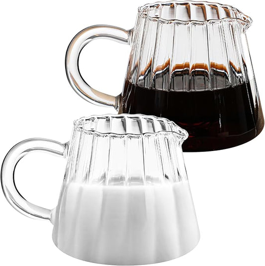 Loscarol 2 Pcs Small Creamer Pitcher, Elegant Wave Shaped Glass Creamer Jug, for Coffee, Milk, Tea, 6 oz Milk Frothing Pitcher for Kitchen
