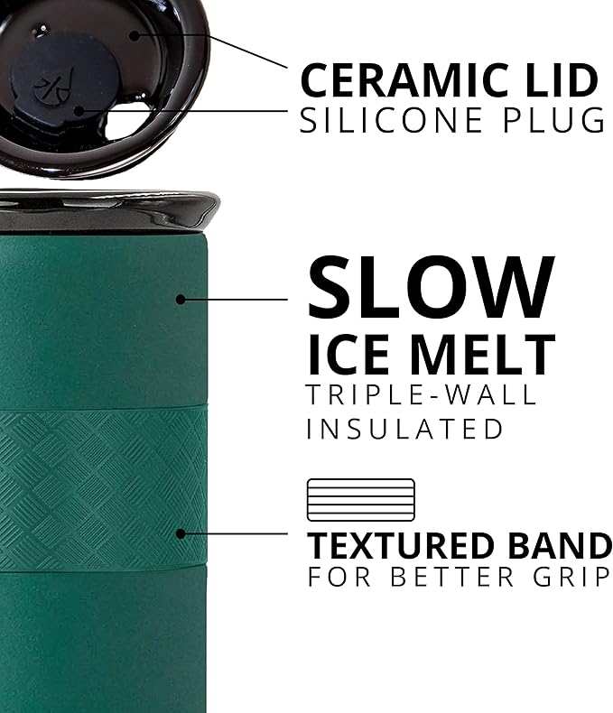 Elemental Artisan Insulated Tumbler, Triple Wall Coffee Travel Mug, Reusable Stainless Steel Coffee Tumbler with Ceramic Lid, Thermal Coffee Cups for Hot (6 Hrs) & Cold (18 Hrs), 16oz - Forest Green