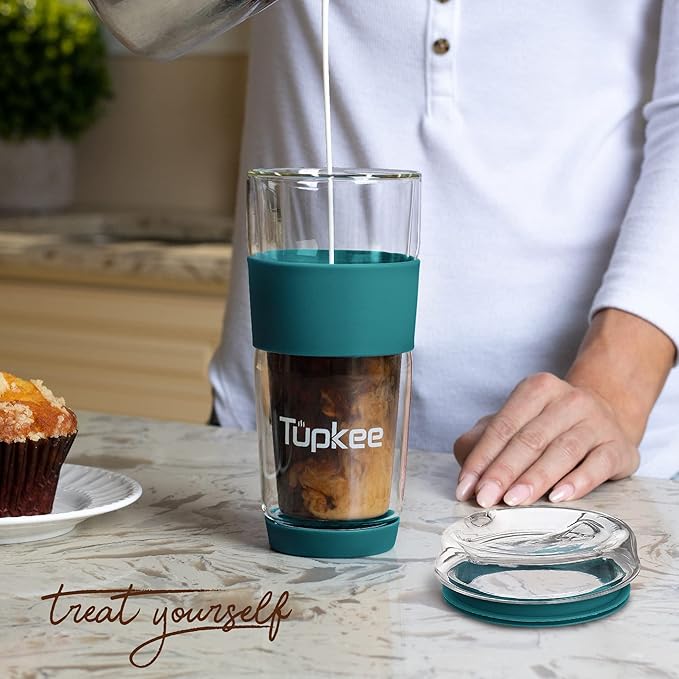 Tupkee Double Wall All Glass Tumbler - 14-Ounce, Reusable Insulated Tea/Coffee Mug & Lid, Hand Blown Glass Travel Mug - Cyan- 2 Pack