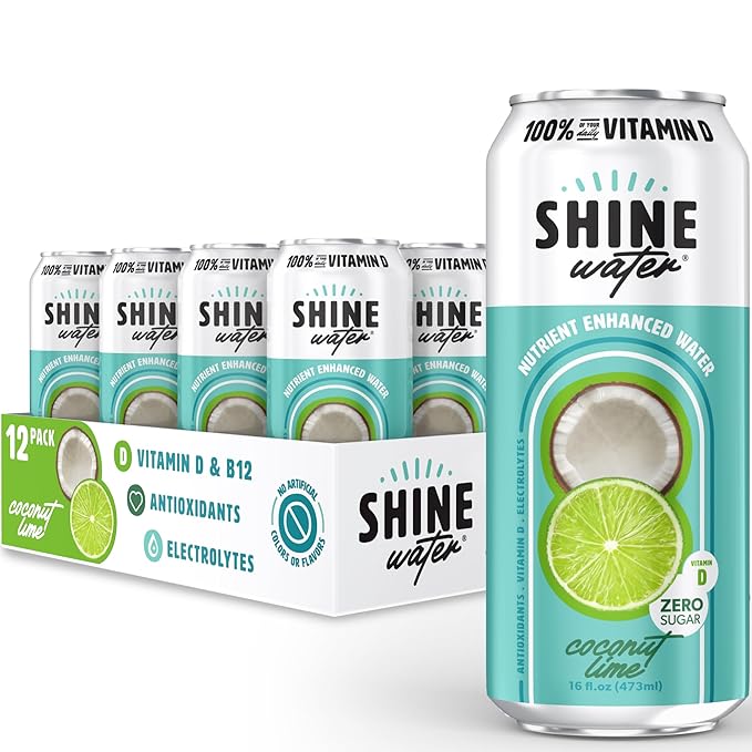 Shine Water Coconut Lime Vitamin D Electrolyte Drinks 12-Pack, Sugar Free Flavored Water with Magnesium, Zinc & Antioxidants, Low Calorie Hydration Beverage, Plant-Based Vitamin Water Zero Sugar