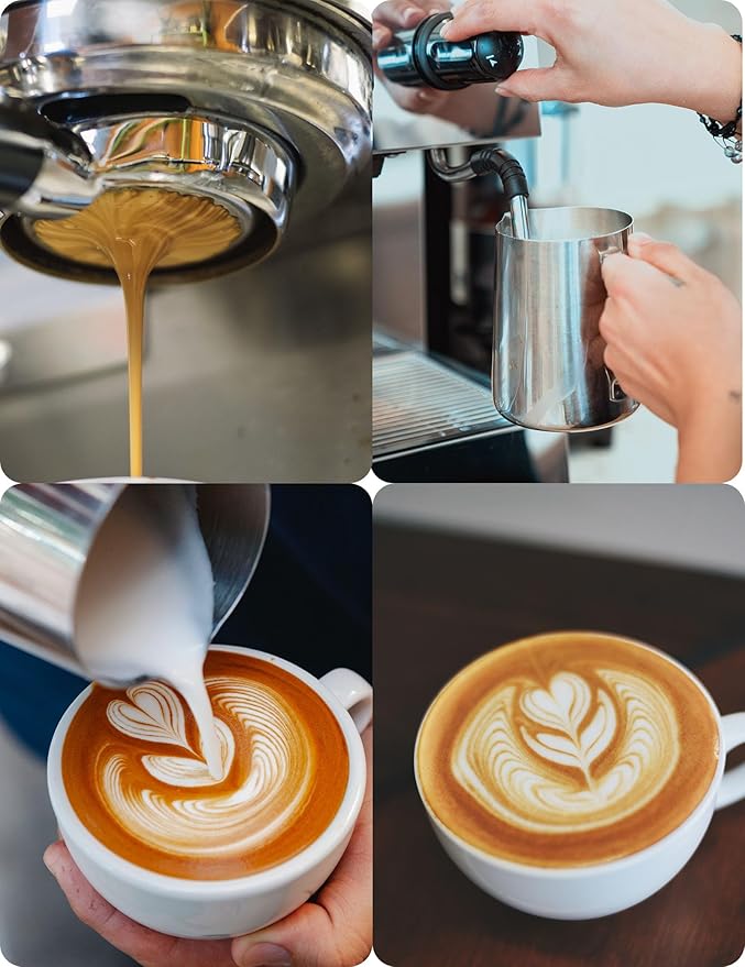 Milk Frothing Pitcher, 32oz Stainless Steel Milk Frother Cup Steaming Pitcher, Cappuccino Espresso Accessories Coffee Bar Barista Tools, Metal Steamer Cup Milk Jug with Latte Art Pen, Matte Steel